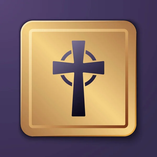 Purple Tombstone Met Kruis Pictogram Geïsoleerd Paarse Achtergrond Graficoon Gouden — Stockvector