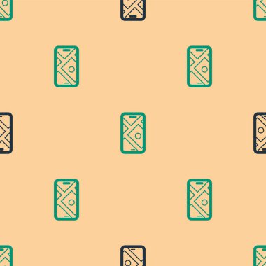 Şehir haritası yön bulma simgesinin yeşil ve siyah Infographic 'i bej arkaplandaki kusursuz deseni izole etti. Mobil Uygulama Arayüzü tasarımı. Coğrafi konsept. Vektör