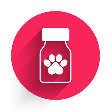 Beyaz ilaç şişesi ve uzun gölgeli ilaç ikonu. İçinde haplar olan konteynır. Hayvan için reçeteli ilaç. Kırmızı daire düğmesi. Vektör