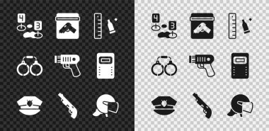 Suç mahalli işaretleyicisi, silah dolu kanıt çantası, kurşun kovanı cetvel, polis başlığı, av tüfeği, miğfer, kelepçe ve elektrik şoku ikonu. Vektör