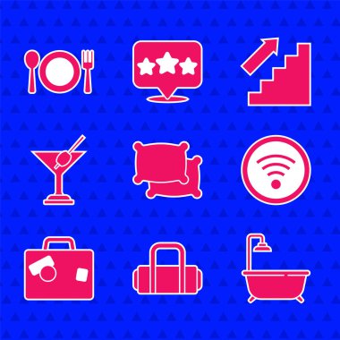 Yastık, bavul, banyo küveti, kablosuz internet, martini bardağı, merdivenler, çatal ve bıçak ikonu. Vektör