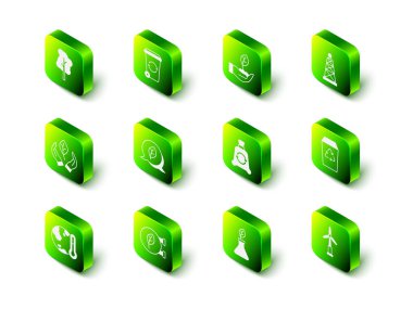 Geri dönüşüm kutusunu, fabrika işçisini, petrol platformunu, rüzgar türbini, çöp torbasını geri dönüşüm, üreme ve eko-dükkan ikonuyla ayarla. Vektör