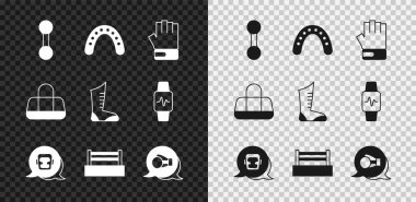 Dumbbell, MMA eldiveni, boks kaskı, yüzük, spor çantası ve boks ayakkabısı ikonu. Vektör