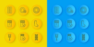 Koltuk değnekleri, koltuk değnekleri, ilaç şişesi, haplar, DNA sembolü, astım ilacı, su toplayıcı, acil servis ve Cross hastanesinin tıbbi ikonu. Vektör