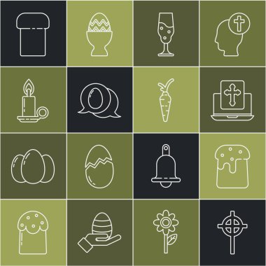 Hristiyan haçı, Paskalya pastası dizüstü bilgisayar ekranında haç, şarap kadehi paskalya yumurtalı konuşma balonu, yanan mum şamdanı ve havuç ikonu. Vektör