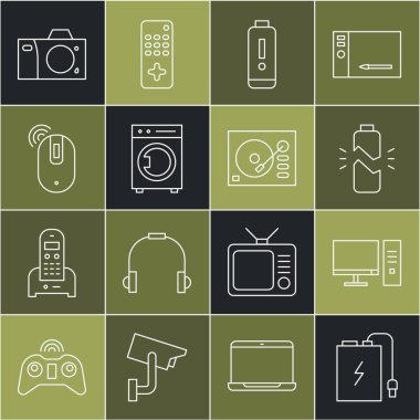 Elektrik kablosu, bilgisayar monitörü, bozuk pil, pil seviyesi göstergesi, çamaşır makinesi, kablosuz bilgisayar faresi, fotoğraf makinesi ve vinil oyuncu simgesi ile hat bankasını ayarla. Vektör