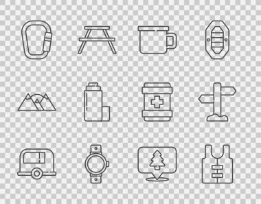 Rv Kamp karavanı, Can yeleği, metal kupa, Smartwatch, Carabiner, termos konteynırı, ormanın konumu ve trafik levhası ikonu. Vektör