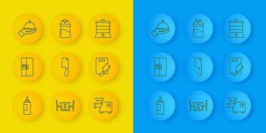 Sos şişesi, buzdolabı, et doğrayıcı, mutfak kıyma makinesi, kesme tahtası tepsiyle kaplanmış ağır ateşte pişirme ve tuz ikonu. Vektör