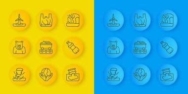 Tornado hattı, Kutup ayısı başı, Kömür treni vagonu, fıçı yağı sızıntısı, bir şişe su, rüzgar türbini, eriyen buzullar ve plastik torba poster ikonuna hayır de. Vektör