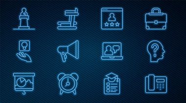 Telefon hattını 24 saat destekle, soru işaretli kafa, müşteri ürün derecesi, megafon, ampul, hoparlör, çevrimiçi eğitim ve Koşu bandı makine simgesi. Vektör