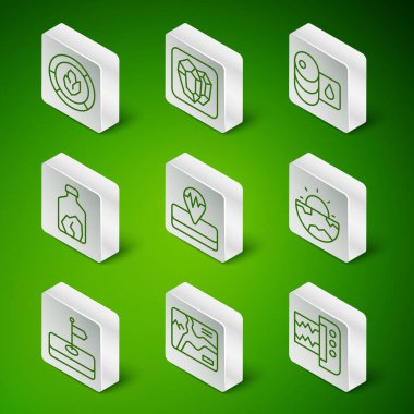 Sismograf, Topografik harita, toprak analizi, deprem, Ore madenciliği, Mücevher taşı, Bayrak ve çekirdek yapı kabuğu ikonu. Vektör