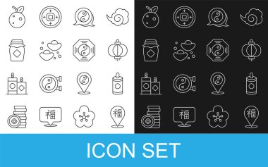 Çin Yeni Yılı, Havai fişek, kağıt fener, Yin Yang sembolü, fal kurabiyesi, bal kavanozu, şeftali nektarini ve ikon. Vektör