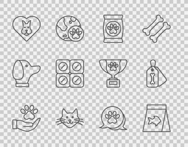 Sıraya dizilin. Hayvanların ayak izleriyle eller, balıklar için yiyecek, yiyecek çantası, kedi, kalp köpeği, köpek hapı, pençe ve köprücük kemiği ikonu. Vektör