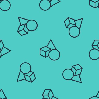 Siyah çizgi temel geometrik şekiller simge izole edilmiş yeşil arkaplan üzerindeki dikişsiz desen. Vektör.