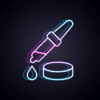 Parlayan neon hattı Pipette simgesi siyah arkaplanda izole edildi. Tıbbi elementler, kimya laboratuarı ekipmanları. Damlalı boru. Tıp sembolü. Vektör