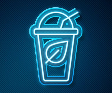 Mavi arka planda yaprak ikonu olan parlak neon çizgili çay bardağı. Tatlı doğal yemek. Vektör