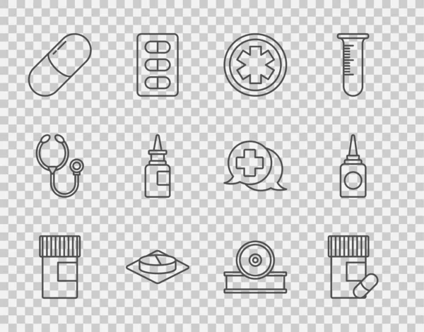 Set Line Medizin Flasche Und Pillen Medizinisches Symbol Für Den — Stockvektor