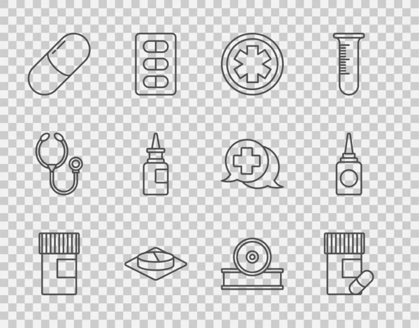 Hat hattı ilaç şişesi, ve haplar, Acil 'in tıbbi sembolü, veya tablet, şişe burun spreyi, Otolaryngological kafa yansıtıcı ve ikon. Vektör