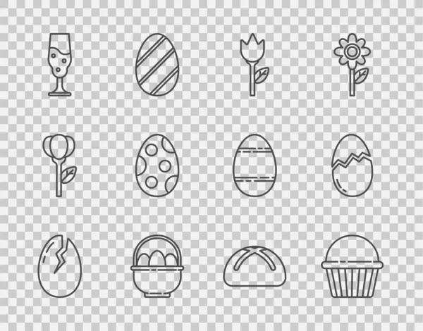 Набор Линии Разбитые Яйца Пасхальный Торт Цветочный Тюльпан Корзина Пасхальными — стоковый вектор