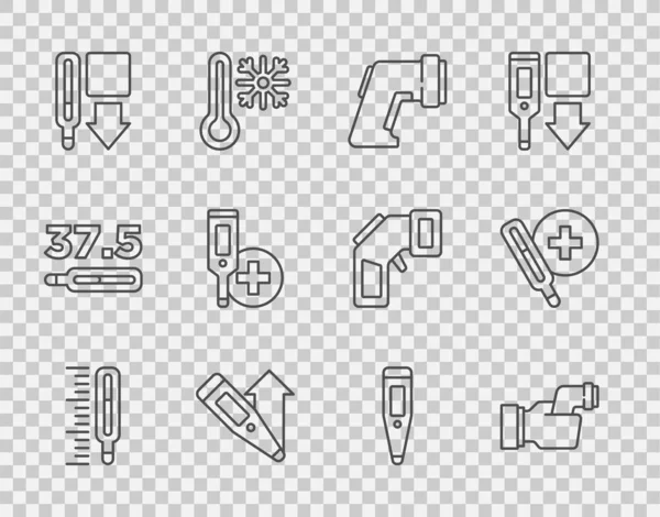 Set Line Medische Thermometer Lichaamstemperatuur Controleren Digitaal Pictogram Vector — Stockvector