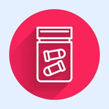 Kurşun ikonlu beyaz çizgi kanıt torbası uzun gölge arkaplanlı. Kırmızı daire düğmesi. Vektör