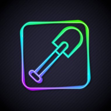 Parlayan neon hattı kürek simgesi siyah arkaplanda izole edildi. Bahçe aletleri. Bahçecilik, tarım, çiftçilik aleti. Vektör