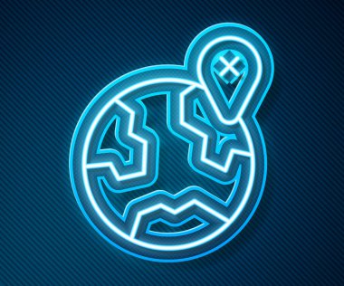 Mavi arkaplanda izole edilmiş dünya ikonundaki parlak neon çizgisi konumu. Dünya ya da Dünya işareti. Vektör