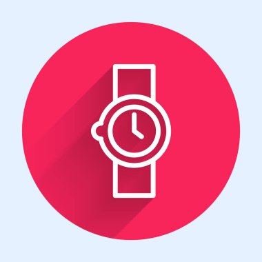 Beyaz çizgi bilek izleme simgesi uzun gölge arkaplan izole. Kol saati simgesi. Kırmızı daire düğmesi. Vektör