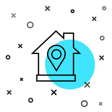 Beyaz zemin üzerinde ev simgesi olan siyah çizgi haritası işaretçisi. Ev konumu belirleyici sembol. Rastgele dinamik şekiller. Vektör