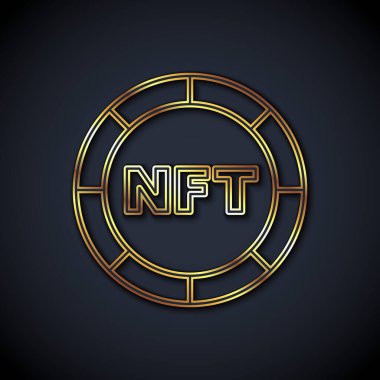 Siyah arkaplanda izole edilmiş altın çizgi NFT Dijital Şifreleme Sanatı ikonu. Para iadesi olmayan jeton. Vektör