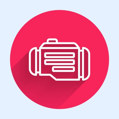 Beyaz çizgi kontrol motoru simgesi uzun gölge arkaplanı ile izole edildi. Kırmızı daire düğmesi. Vektör