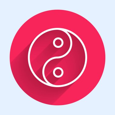 Beyaz çizgi Yin Yang uyum ve denge sembolü uzun gölge arkaplan izole. Kırmızı daire düğmesi. Vektör