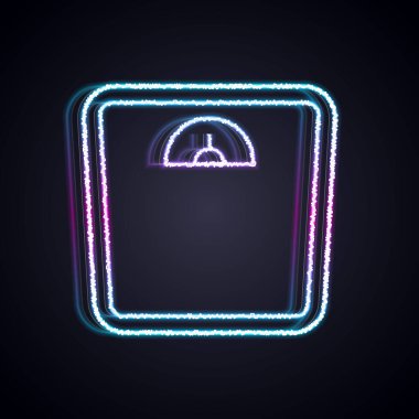 Parlayan neon hattı banyo ölçekli simge siyah arka planda izole edildi. Ağırlık ölçme ekipmanı. Ağırlık ölçeği spor konsepti. Vektör