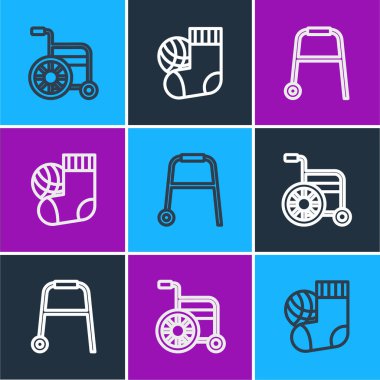 Tekerlekli sandalye, Walker ve Çorap ikonu ayarlayın. Vektör