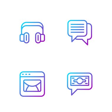 Hat Stacks kağıt para, e-posta, kulaklık ve konuşma balonu sohbeti ayarlayın. Renk simgeleri. Vektör