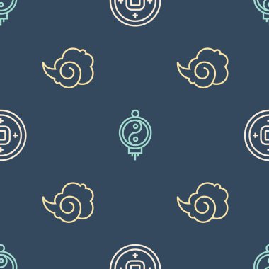 Çin Yuan para birimi, sihirli sis ya da duman ve kağıt feneri pürüzsüz desen üzerine ayarlayın. Vektör