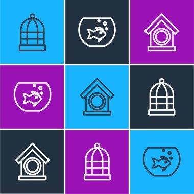 Kuşlar, köpek evi ve balık ikonlu akvaryum için kafes hattı oluşturun. Vektör