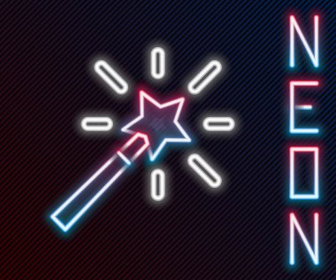Parlayan neon hattı sihirli değnek simgesi siyah arkaplanda izole edildi. Yıldız şeklinde sihirli aksesuar. Sihirli güç. Renkli taslak konsepti. Vektör