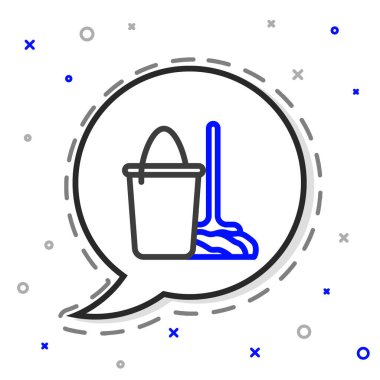 Beyaz arka planda çizgi süpürgesi ve kova simgesi izole edildi. Temizlik hizmeti konsepti. Renkli taslak konsepti. Vektör