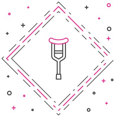 Beyaz arkaplanda çizgi değnekleri veya koltuk değnekleri simgesi izole edildi. Kas iskeleti hastalığı olan insanların rehabilitasyonu için gerekli ekipman. Renkli taslak konsepti. Vektör