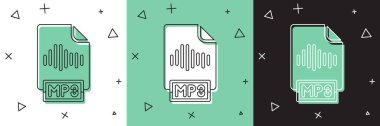 MP3 dosya belgesini ayarla. MP3 düğme simgesi indir. Beyaz ve yeşil, siyah arkaplanda izole edildi. Mp3 müzik format işareti. MP3 dosya sembolü. Vektör.