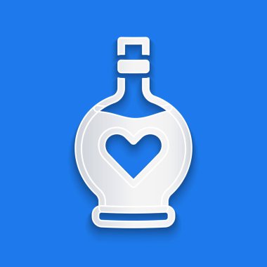 Mavi zemin üzerinde aşk iksiri ikonu olan kağıt kesiği şişesi. Sevgililer Günü sembolü. Kağıt sanatı tarzı. Vektör.
