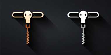 Siyah arka planda altın ve gümüş şarap tirbuşon simgesi var. Uzun gölge tarzı. Vektör