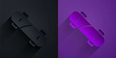 Kağıt kesiği, mor arka planda siyah üzerine izole edilmiş kaykay simgesi. Olağanüstü bir spor. Spor malzemeleri. Kağıt sanatı tarzı. Vektör