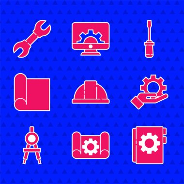 İşçi kaskı, Grafik kağıdı ve teçhizat, Kullanıcı el kitabı, El Ayarları, Çizim pusulası, mühendislik, tornavida ve İngiliz anahtarı simgesi için ayarla. Vektör