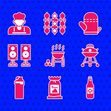 Barbekü ızgarası, kömür torbası, bira şişesi, çakmak, ses hoparlörü, fırın eldiveni ve aşçı ikonu hazırlayın. Vektör