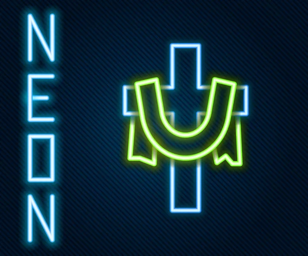 Glödande Neon Linje Christian Kors Ikon Isolerad Svart Bakgrund Kyrkorset — Stock vektor