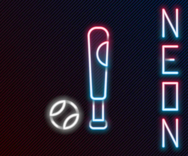 Világító Neon Vonal Baseball Denevér Labda Ikon Elszigetelt Fekete Alapon — Stock Vector
