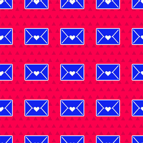 Blue Envelope with Valentine heart icon isolated seamless pattern on red background. Message love. Letter love and romance. Happy Valentines day.  Vector