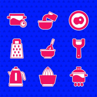 Mutfak çırpıcısını kase, meyve sıkacağı, tencere suyu, sebze soyacağı, elektrikli su ısıtıcısı, rende, çırpılmış yumurta ve ikon ile ayarla. Vektör